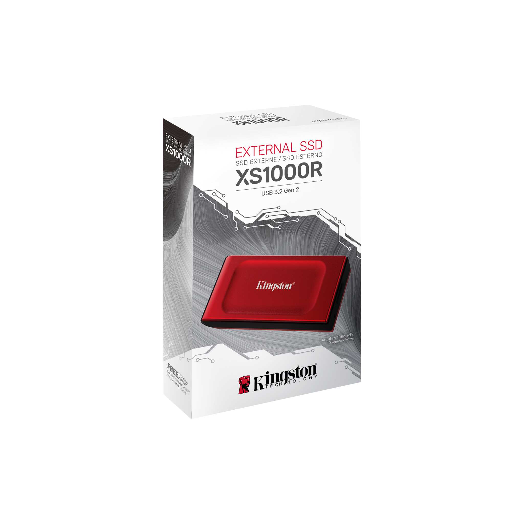 Disco sólido externo Kingston SXS1000R/2000G, USB 3.2 Gen 2, Cable y adaptador USB-C a USB-A, Rojo